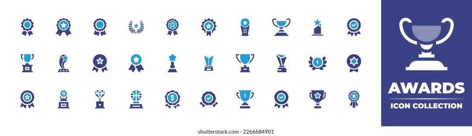 Awards icon collection. Duotone color. Vector illustration. Containing medal, premium badge, wreath, award, star, championship award, trophy, badge, brit awards, winner, laurel wreath.