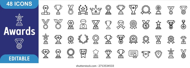 Conjunto de iconos de premios. que contiene insignia, trofeo, certificado y más. Colección de iconos de contorno.