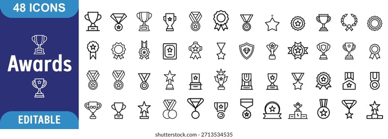 Conjunto de iconos de premios. que contiene insignia, trofeo, certificado y más. Colección de iconos de contorno.