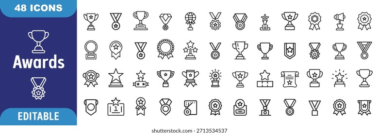 Awards icon set. containing badge, trophy, certificate, and more. Outline Icon Collection.