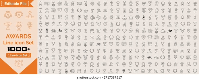 Conjunto de iconos de premios. que contiene insignia, trofeo, certificado y más. Colección de iconos de contorno. Trazo editable. Ilustración vectorial	