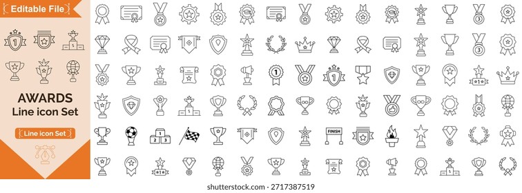 Prämien-Symbolsatz. mit Badge, Trophäe, Zertifikat und mehr. Gliederungssymbolsammlung. Bearbeitbarer Strich. Vektorgrafik	