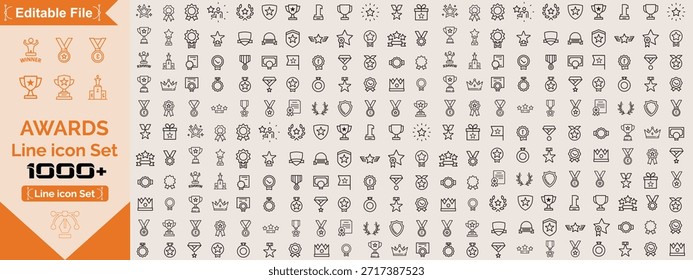 Awards icon set. containing badge, trophy, certificate, and more. Outline Icon Collection. Editable stroke. Vector illustration	