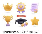 Awards icon set. Crown, medal, certificate, prize, graduation cap, star. 3d vector render objects