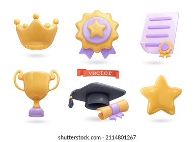 Juego de iconos de premios. Corona, medalla, certificado, premio, gorra de graduación, estrella. 3.ª representación vectorial