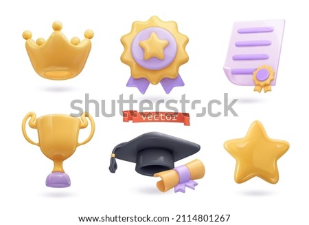 Awards icon set. Crown, medal, certificate, prize, graduation cap, star. 3d vector render objects