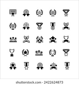 Awards icon set. filled black icon collection. Containing trophy, medal, badge icons.