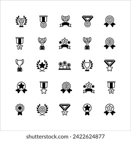 Awards icon set. filled black icon collection. Containing trophy, medal, badge icons.