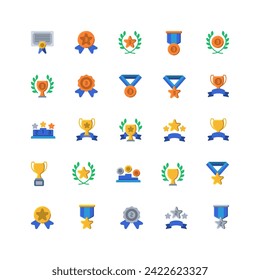 Awards icon set. flat color icon collection. Containing trophy, medal, badge icons.