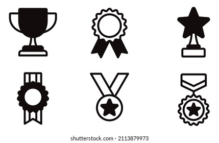 Icono de premios establecido en estilo plano. Copa trofeo, Medalla, ilustración vectorial