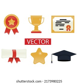 Awards icon set. Medal, certificate, prize, graduation cap, star. 3d vector render objects.