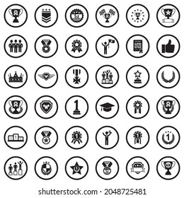 Awards Icons. Black Flat Design In Circle. Vector Illustration.