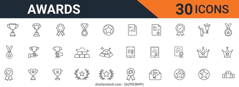 Awards Icons Set in Line Style Featuring Trophies, Medals, Crowns, Stars, Badges, Podiums, and Certificates for Achievement, Success, Recognition, and Competition Design