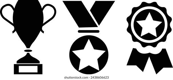 Conjunto de iconos de premios. Copa de trofeos, medalla, icono del premio ganador. Elementos vectoriales para el diseño de moda. Pictogramas simples para el concepto móvil y aplicaciones web. Iconos vectoriales aislados sobre un fondo transparente.,