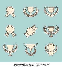 Awards icons set. Vector retro winner cups and victory prizes signs