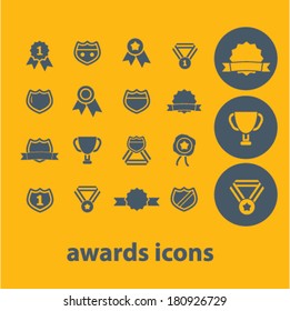 Prämiensymbole: Trophäe, Zertifikat, Gewinner, Zeremonie, Band, Medaille, Sieg, Sieg, Sieg, Sieg, Preis, Wettbewerb, Medaille, Leistung, Tasse. Vektorgrafik
