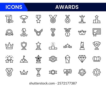 Awards icons trophy, cup, medal, winner, prize, line icons vector illustration on white background stock icons collection