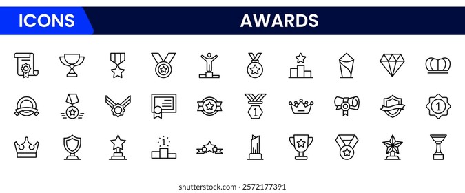 Awards icons trophy, cup, medal, winner, prize, line icons vector illustration on white background stock icons collection