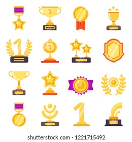 Awards icons. Trophy medal prize with ribbons for winners vector flat symbols isolated. Trophy and medal, prize and cup illustration