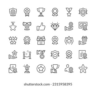 Awards icons. Vector line icons set. Prize, medal, rewards, trophy, premium quality, achievement concepts. Black outline stroke symbols