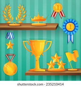 Awards laurel wreath crown cup and prizes on shelves background vector illustration