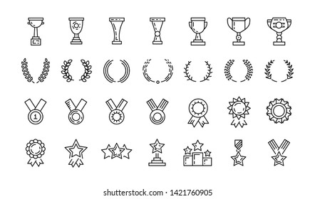 Awards Line Art Icons Set Vector Of Winner Medal, Victory Cup And Laurel Wreath Signs. Reward, Certificate And Diploma Message Symbols. Glory Shield, Prize And Rank Star. Sports Winner Awards.