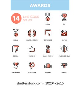 Awards - line design icons set. High quality black pictogram. Medal, cup in hand, laurel wreath, certificate, crown, scroll, thumb up, ball and trophy, sword and shield, star badge, podium