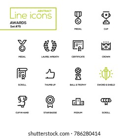 Awards - line design icons set. High quality black pictogram. Medal, cup in hand, laurel wreath, certificate, crown, scroll, thumb up, ball and trophy, sword and shield, star badge, podium