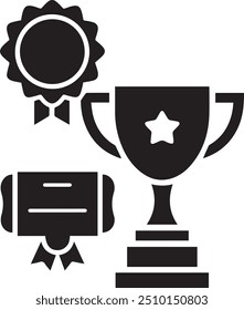 awards line editable icon set. award icon set containing badge, trophy, certificate, vector icon design solid color black and white