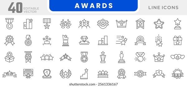 Awards line icon set. containing badge, trophy, certificate, medal, winner, gift, achievement, star, best, reward, champion, celebration, prize, rank, cup line icon set. UI thin line icon pack.