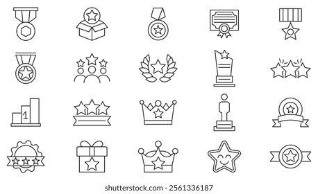 Awards line icon set. containing badge, trophy, certificate, medal, winner, gift, achievement, star, best, reward, champion, celebration, prize, rank, cup line icon set. UI thin line icon pack.