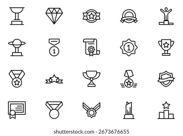 Symbolsatz für Gewinnlinien. Pokal, Medaille, Gewinner, Preis, Liniensymbole, Vektorgrafik auf weißem Hintergrund, Stock-Symbolsammlung. Paket mit dünnen Gliederungssymbolen. Vektorgrafik. editierbarer Strich