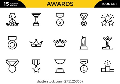 Conjunto de iconos de línea de premios. taza, medalla, ganador, premio, Ilustración vectorial de iconos de línea sobre fondo blanco colección de iconos de stock. Paquete de iconos de contorno delgado. Ilustración vectorial