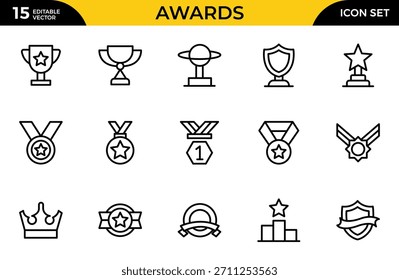 Awards line icon set. cup, medal, winner, prize, line icons vector illustration on white background stock icons collection. Thin outline icons pack. Vector illustration