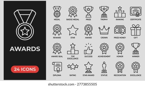 Awards line icon set. Editable Stroke. Reward, trophy, badge, medal - stock vector.
