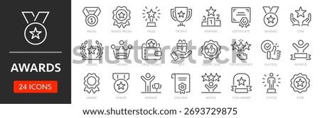 Awards line icon set. Editable Stroke. Reward, trophy, badge, medal, ranking, prize, award seal - stock vector.