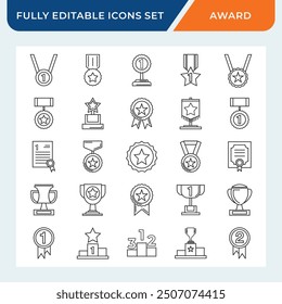 awards line icon set, trophy medal winner icon with editable stroke