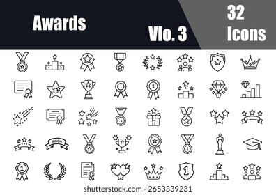 "Awards Line Icon Set Vol. 3: Ícones de Linha Limpa para Reconhecimento, Concursos e Realizações Profissionais"