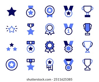 Conjunto de ícones de linha de prêmios. Conjunto de medalhas vencedoras, copa da vitória e ícones de prêmios de faixa. Recompensa, Certificado e Mensagem de Diploma. Vencedor do prêmio, estrela do ranking, certificado de diploma. Ilustração de contorno de vetor