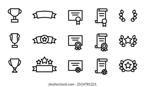 Awards Line Icons Set. Line-drawn icons of various symbols of achievement and recognition. Cups, Certificates, Laurel Wreaths, Award Ribbons, Diplomas. Outline vector illustration