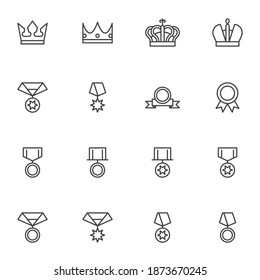 Awards line icons set, outline vector symbol collection, linear style pictogram pack. Signs, logo illustration. Set includes icons as royal crown, reward badge, military star medal