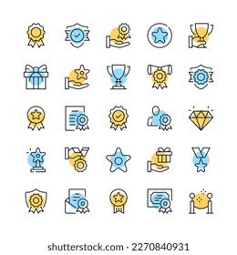 Awards line icons. Set of prize icons. Black, blue and yellow colors. Modern outline graphic design. Vector line icons set