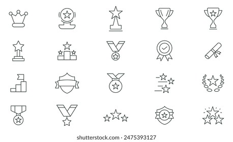 Awards line icons set. Reward, bonus, loyalty, star, winner, benefit, trophy cup, medal, champion, awards and bonuses outline icon collection. Thin outline icons pack.