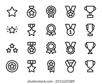 Awards line icons set. Reward, benefit, bonus, star, winner, medal, champion, trophy cup, awards and bonuses outline icon collection. Thin outline icons pack. Reward symbol sign for web and mobile