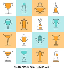Awards line icons set with sport cups flat isolated vector illustration 
