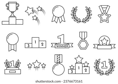 Awards line icons set. Trophy cup, Medal, Winner prize icon. Stroke vector elements for trendy design. Simple pictograms for mobile concept and web apps.