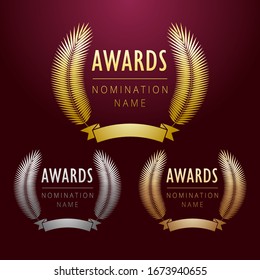 Awards logo collection. Isolated abstract graphic design template. Elegant palm tree branches in gold, silver and bronze colors. Shining round frames, decoration emblems. Set of sport cup elements.