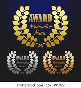 Awards logo collection. Isolated abstract graphic design template. Elegant palm tree branches in gold, silver and bronze colors. Luxury round frames, decoration emblems. Set of sport cup elements.