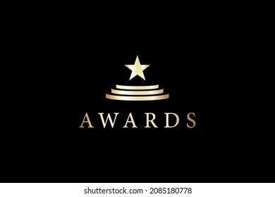 Awards Logo Concept. Gold Podium with Star isolated on Dark Background. Flat Vector Logo Design Template Element.