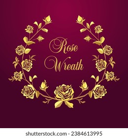 Awards logo design. Floral award symbol, golden icon. Round wreath with vintage roses. Decorative ornament. Isolated sign with flowers and leaves. Rose branch. Abstract element. Postcard background.